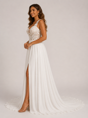Elegant Illusion Lace Bodice Chiffon A-Line Wedding Dress with High Slit and Sweep Train