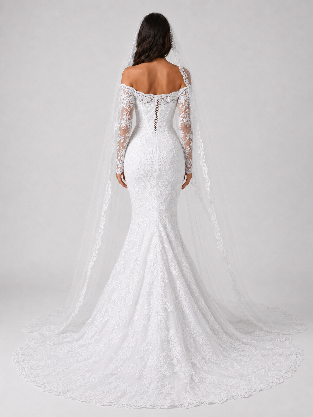 Elegant Lace Applique Off-the-Shoulder Mermaid Wedding Dress with Sweep Train