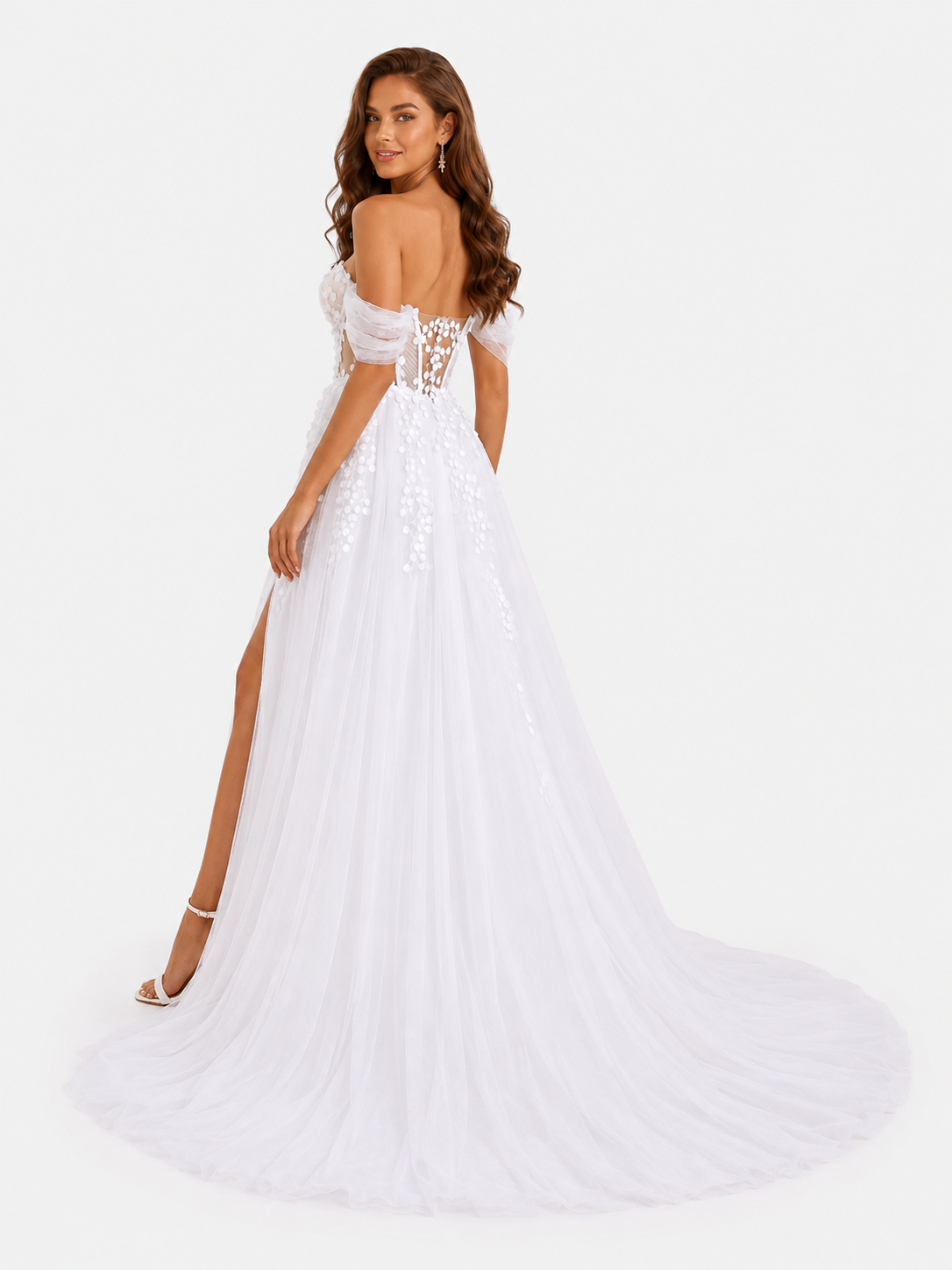 Elegant Off-the-Shoulder 3D Floral Appliquéd Tulle A-Line Wedding Dress with High Slit and Chapel Train