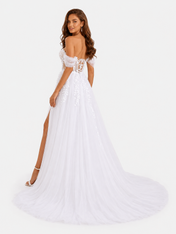 Elegant Off-the-Shoulder 3D Floral Appliquéd Tulle A-Line Wedding Dress with High Slit and Chapel Train