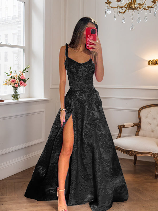 Hot Pink A Line Floral Long Prom Dress with High Slit