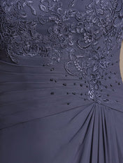 A-line Scoop Illusion Asymmetrical Chiffon Lace Mother of the Bride Dress With Pleated Beading