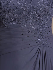 A-line Scoop Illusion Asymmetrical Chiffon Lace Mother of the Bride Dress With Pleated Beading