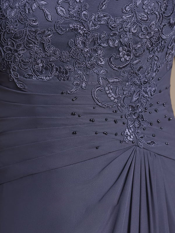 A-line Scoop Illusion Asymmetrical Chiffon Lace Mother of the Bride Dress With Pleated Beading