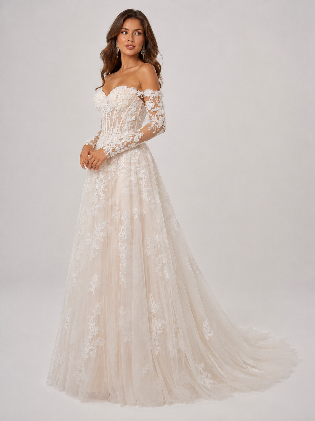 Elegant Off-the-Shoulder Lace Applique Tulle A-Line Wedding Dress with Chapel Train