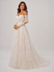 Elegant Off-the-Shoulder Lace Applique Tulle A-Line Wedding Dress with Chapel Train