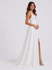Elegant V-Neck Lace A-Line Wedding Dress with High Slit and Chapel Train