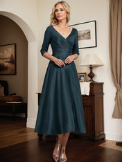 Dark Navy A-line V-Neck Tea-Length Matte Satin Mother of the Bride Dress With Pleated
