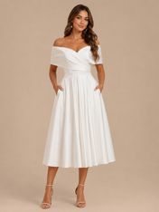 Elegant Off-the-Shoulder Crossover Pleated Satin A-Line Midi Wedding Dress with Lace-Up Back