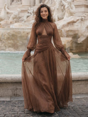 Ethereal Mocha Brown High-Neck Chiffon Evening Dress with Cutout and Bishop Sleeves