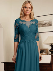A-Line Scoop Neck 1/2 Sleeves Chiffon Mother Of The Bride Dresses With Lace Appliques