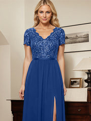 A-Line V-Neck Chiffon Appliques Sequins Mother Of The Bride Dress With Slit