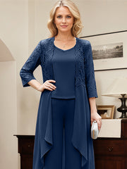 Navy Blue Separates Jumpsuit/Pantsuit Scoop Floor-Length Chiffon Mother of the Bride Dress