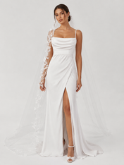 Elegant Cowl Neck Satin Sheath Wedding Dress with Bow Back, High Slit, and Sweep Train