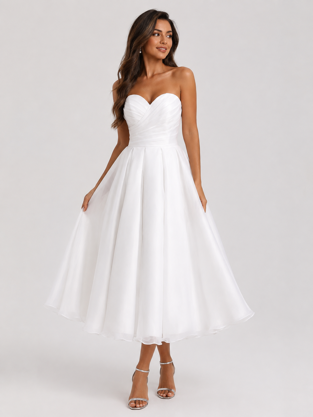 Elegant Strapless Ruched Satin A-Line Midi Wedding Dress