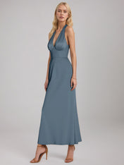 Slate Blue Sheath/Column Satin Halter Sleeveless Ankle Length Dress