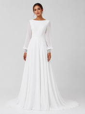 Elegant Boat Neck Long Sleeve Chiffon A-Line Wedding Dress with Lace Trimmed V-Back and Chapel Train