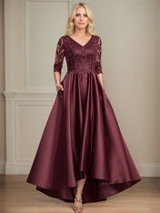A-line V-Neck Asymmetrical Satin Lace Mother of the Bride Dress With Sequins