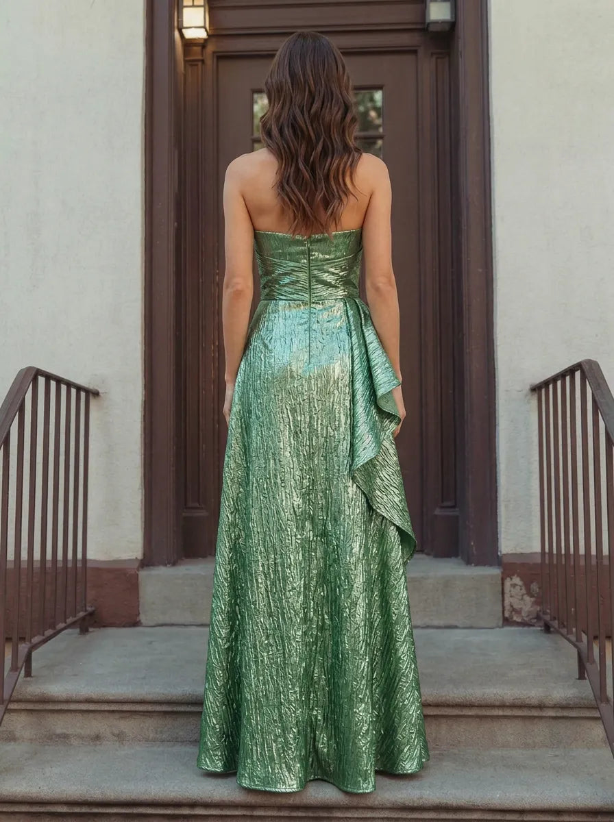Strapless Sweetheart Metallic Ruffled Sleeveless Evening Dress