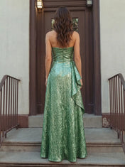 Strapless Sweetheart Metallic Ruffled Sleeveless Evening Dress