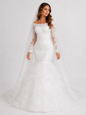 Elegant Off-the-Shoulder Lace Long-Sleeve Mermaid Wedding Dress with Ruffled Tiered Skirt and Chapel Train