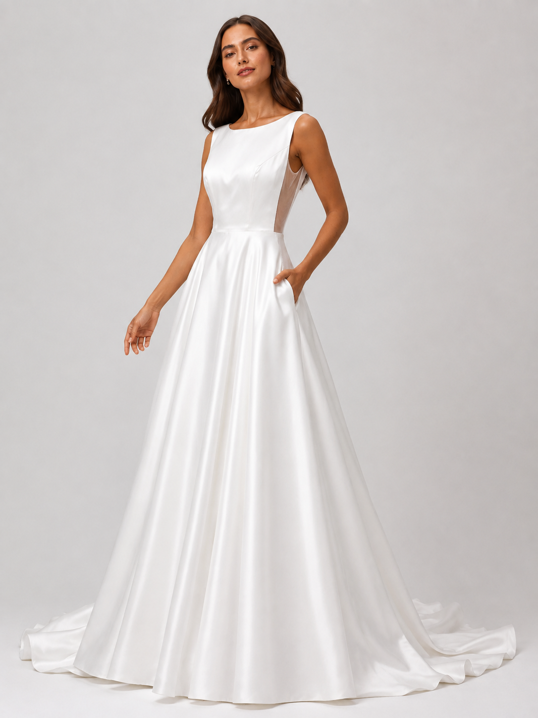 Elegant Scoop Neck Satin A-Line Wedding Dress with Pockets and Chapel Train