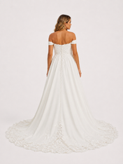Elegant Off-the-Shoulder Draped Satin A-Line Wedding Dress with Chapel Train