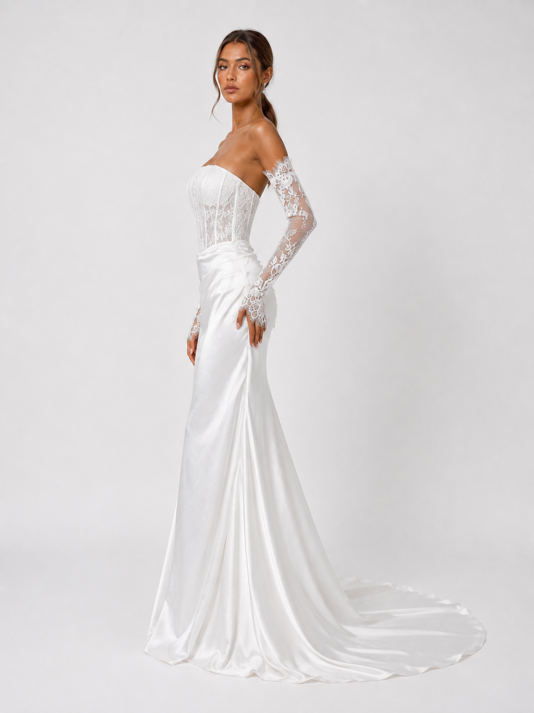 Elegant Off-the-Shoulder Lace Corset Satin Mermaid Wedding Dress with Detachable Sleeves and Chapel Train
