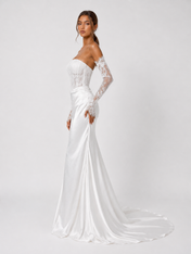 Elegant Off-the-Shoulder Lace Corset Satin Mermaid Wedding Dress with Detachable Sleeves and Chapel Train