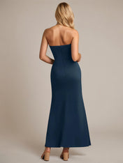 Navy Sheath/Column Satin Off The Shoulder Sleeveless Ankle Length Dresses