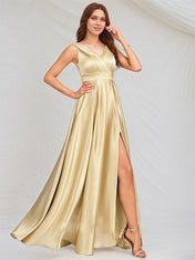 A Line Champagne Satin V Neck Sleeveless Floor Length Dress With High Slit