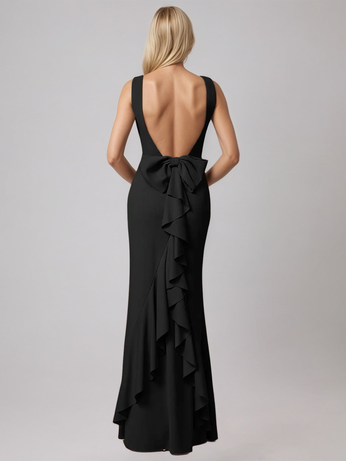 Black Sheath/Column Satin Scoop Neck Sleeveless Floor Length Dress With Bow