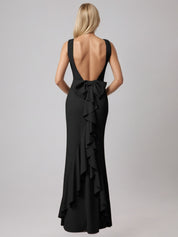 Black Sheath/Column Satin Scoop Neck Sleeveless Floor Length Dress With Bow