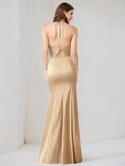 Champagne Satin Spaghetti Straps Sleeveless Floor Length Dress With High Slit