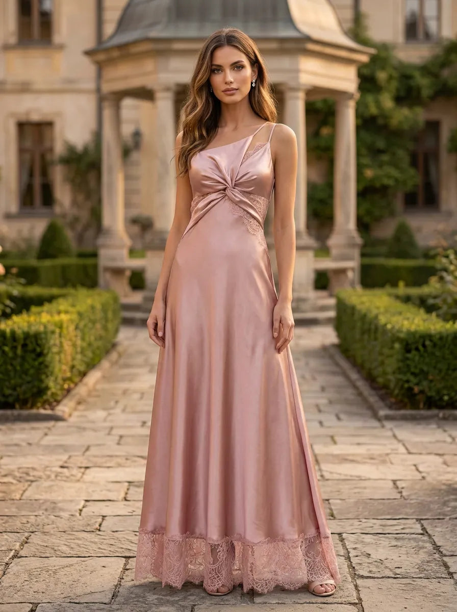 Asymmetric Twist Satin Column Gown with Lace Trim Bridesmaid Dress