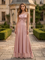 Asymmetric Twist Satin Column Gown with Lace Trim Bridesmaid Dress