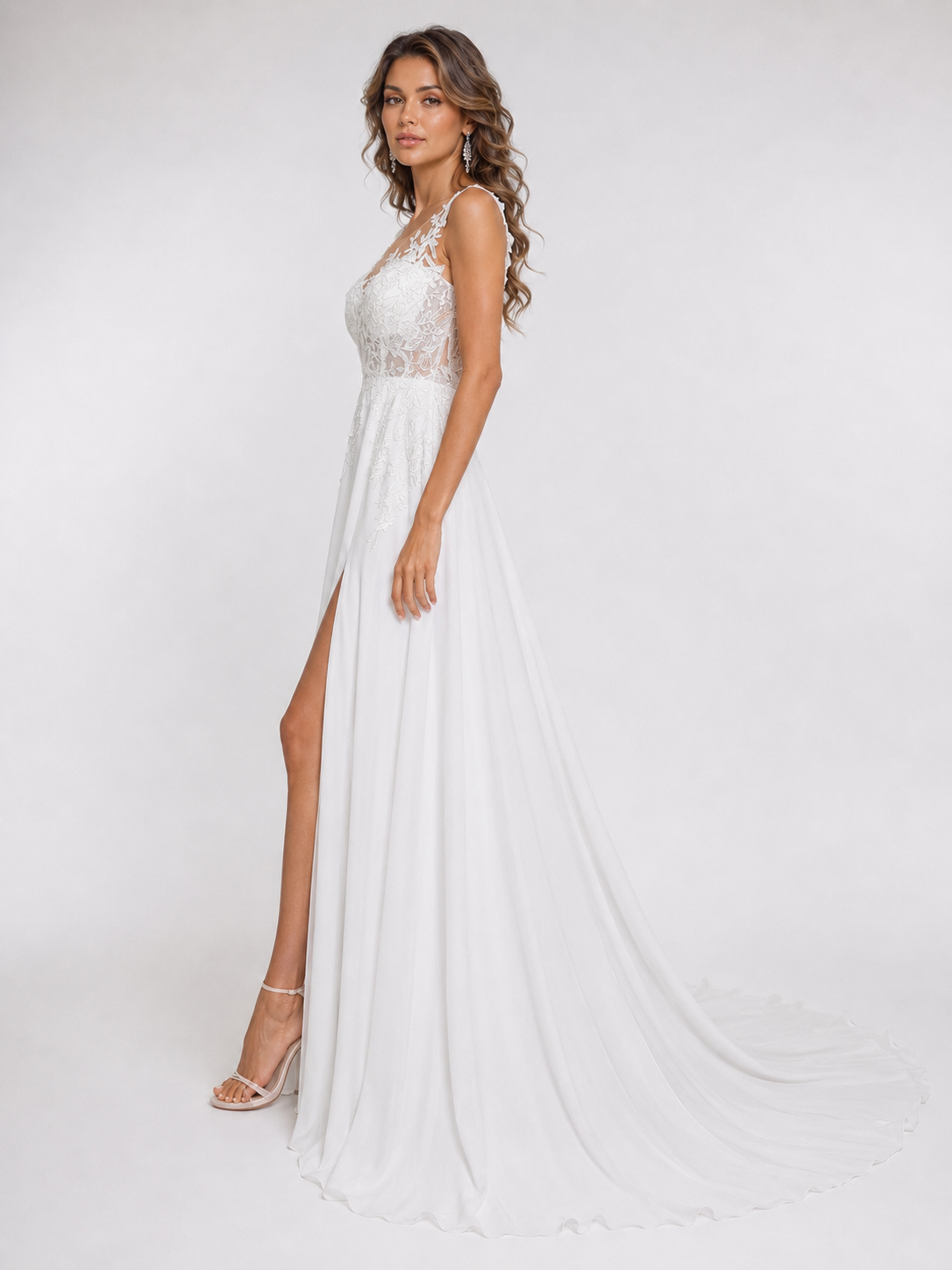 Elegant Illusion Round Neck Lace Applique Chiffon A-Line Wedding Dress with High Slit and Chapel Train
