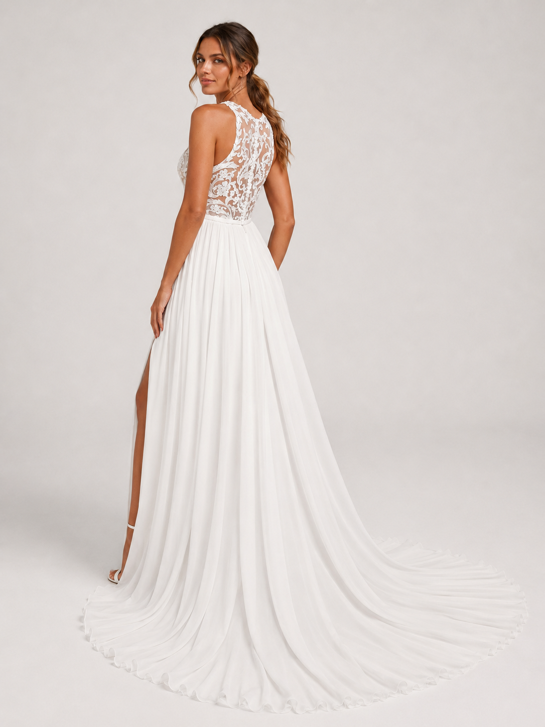 Elegant High-Neck Lace Bodice Chiffon A-Line Wedding Dress with High Slit and Chapel Train