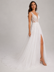 Elegant Pleated Satin A-Line Wedding Dress with High Slit and Sweep Train