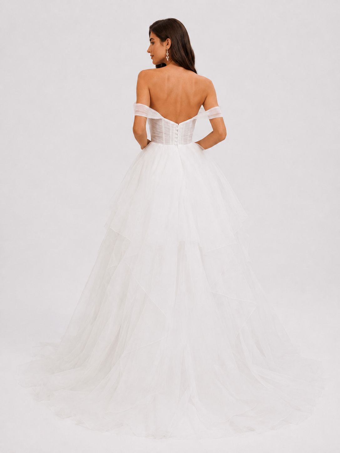 Elegant Off-the-Shoulder Tiered Tulle A-Line Wedding Dress with Chapel Train