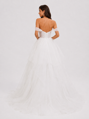 Elegant Off-the-Shoulder Tiered Tulle A-Line Wedding Dress with Chapel Train