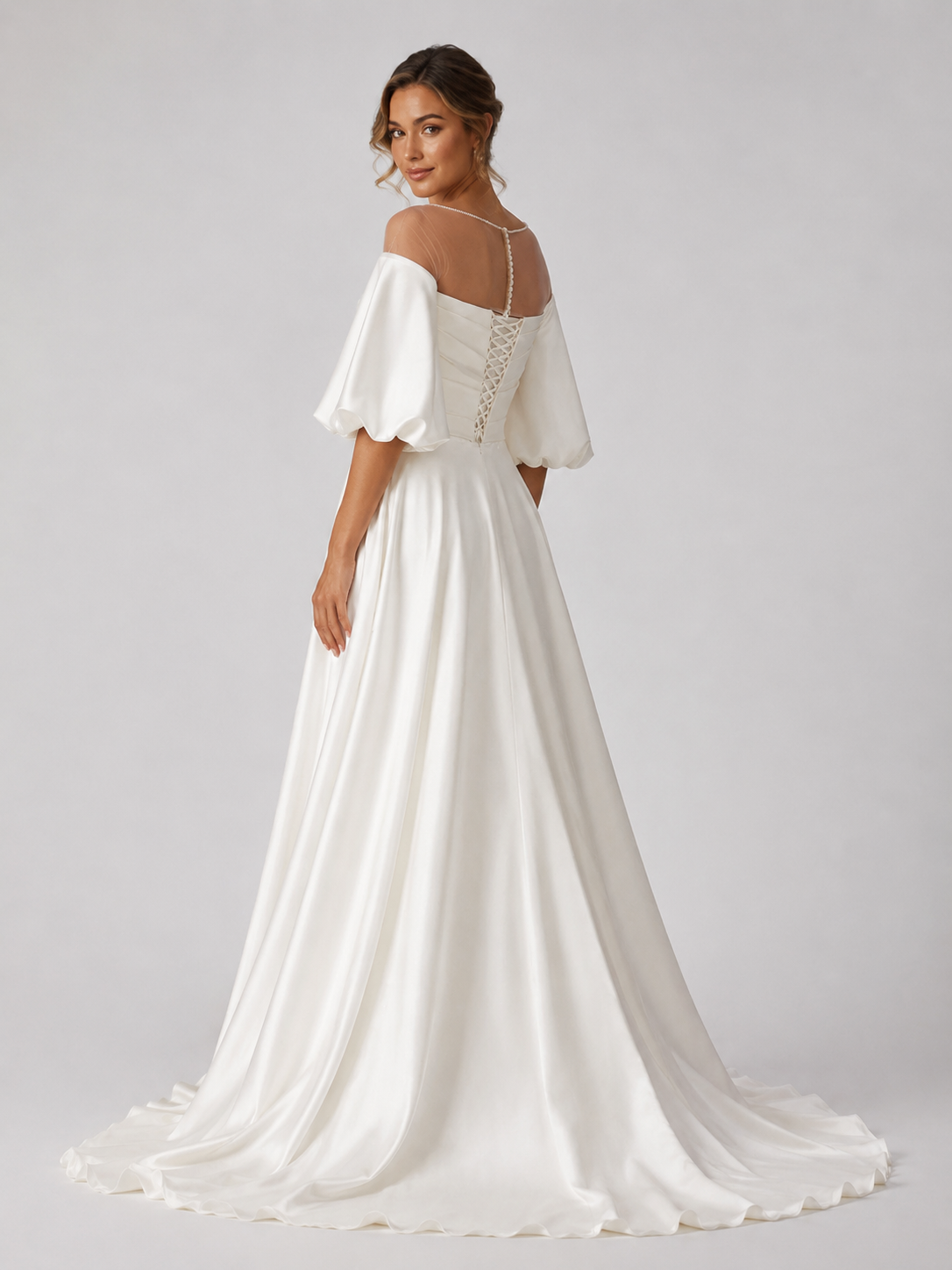 Elegant Off-the-Shoulder Ruched Satin A-Line Wedding Dress with Puff Sleeves and Sweep Train