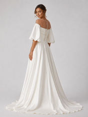 Elegant Off-the-Shoulder Ruched Satin A-Line Wedding Dress with Puff Sleeves and Sweep Train