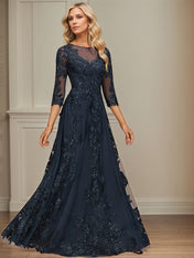 A-line Scoop Illusion Floor-Length Tulle Lace Mother of the Bride Dress With Sequins