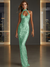 Glamorous Gold Sequin Halter Neck Mermaid Long Prom Dress