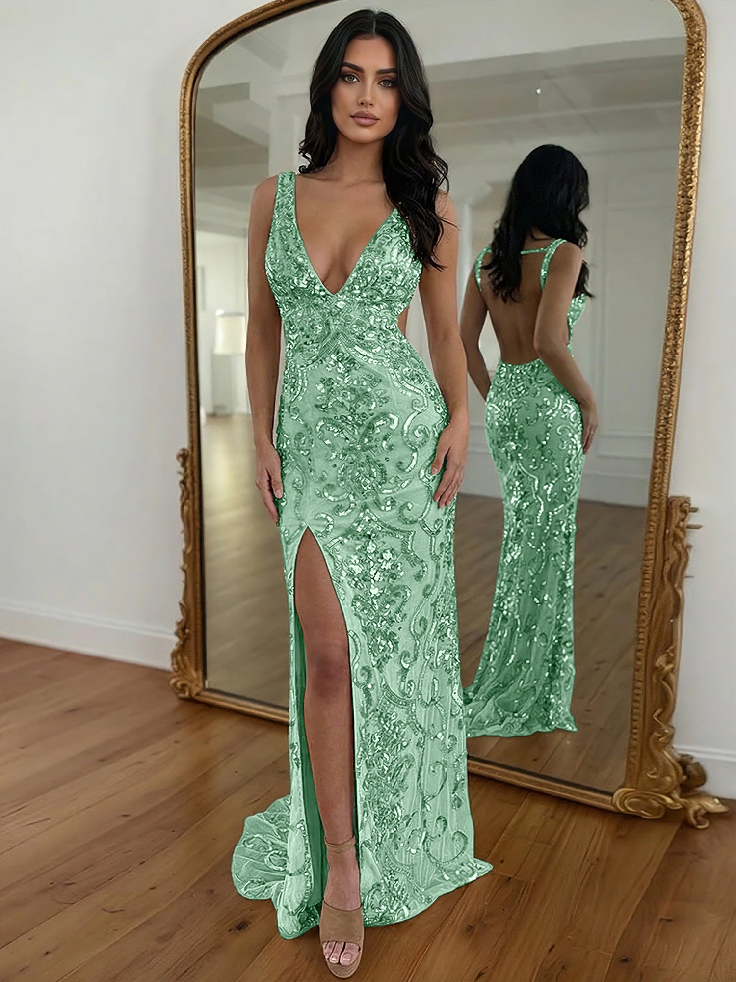 Gold Sequin V-Neck Open Back Mermaid Prom Dress with High Slit