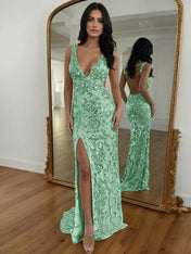 Gold Sequin V-Neck Open Back Mermaid Prom Dress with High Slit