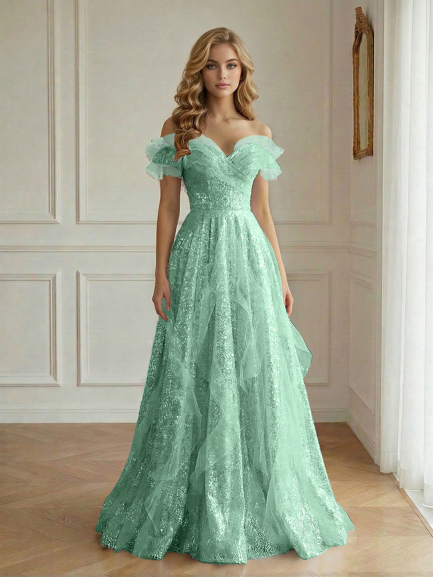 Off-the-Shoulder Sequin Tulle A-Line Gown with Ruffle Accents Prom Dress