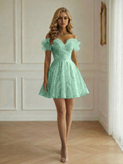 Off-the-Shoulder Lace-Up Back Iridescent Tulle Party Dress Homecoming Dress