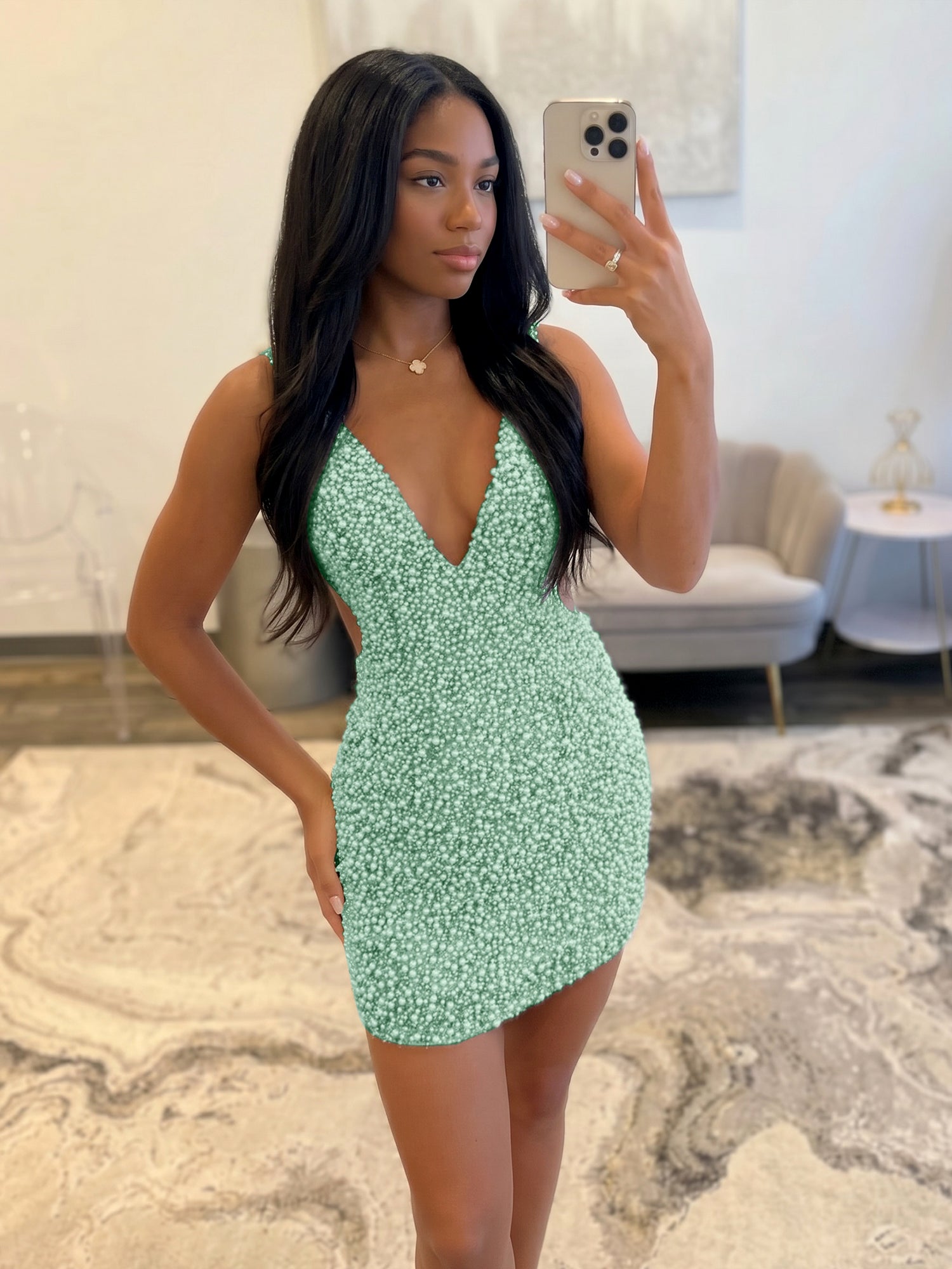 White V Neck Pearl Embellished Short Homecoming Dresses